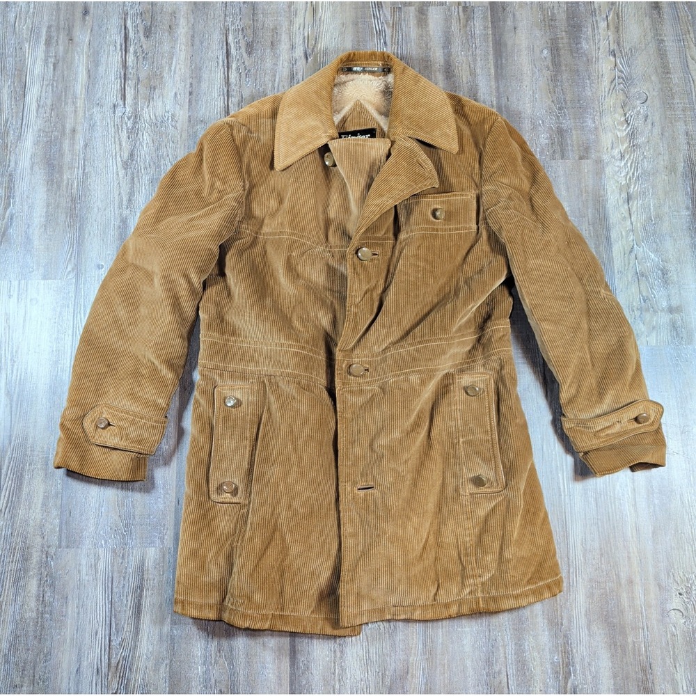 Vintage 70s Ringer Corduroy Trench Coat Mens 42 Sherpa Faux Fur Lined Yugoslavia